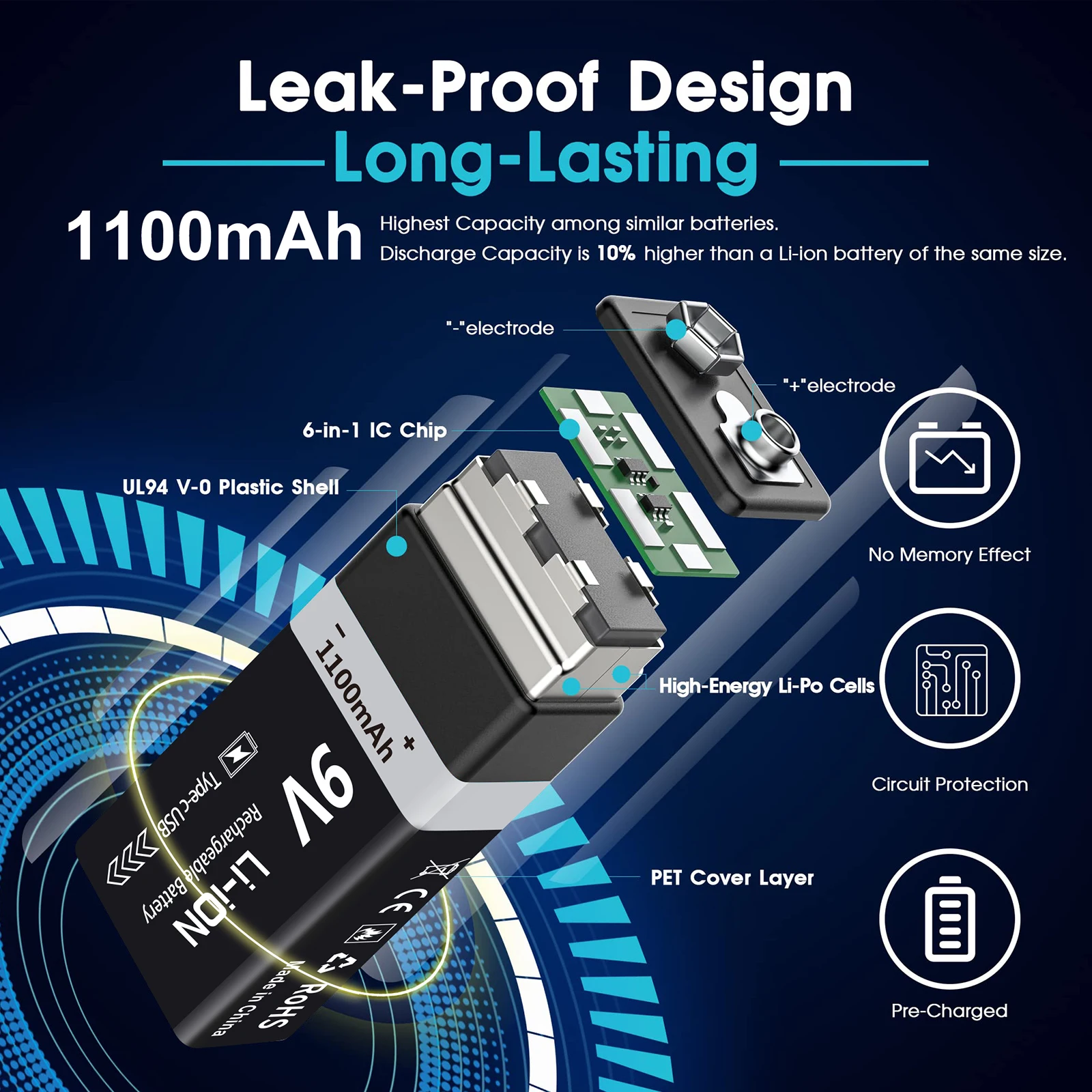 AIPEKE аккумуляторы 9 В 1100 мАч литий-ионная аккумуляторная батарея USB для