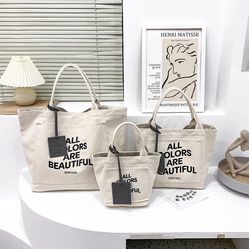 Women Canvas Shoulder Bag Letter Print Ladies Shopping Bags Cotton Cloth Fabric Grocery Handbags Tote Books Bag Bolso
