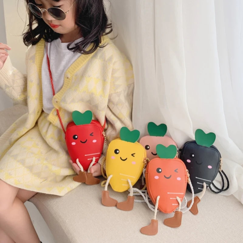 

New Mini Cartoon Carrot PU Leather Children's Small Crossbody Bag Cute Kids One Shoulder Bag Boy Girl Sweet Messenger Bag Purse