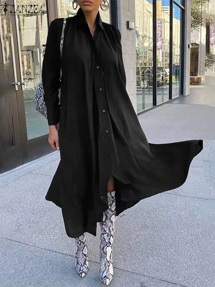 

ZANZEA Fashion OL Spring Long Sleeve Sundress Women Asymmetrical Shirt Dresses 2023 A Line Midi Vestidos Oversized Casual Robe