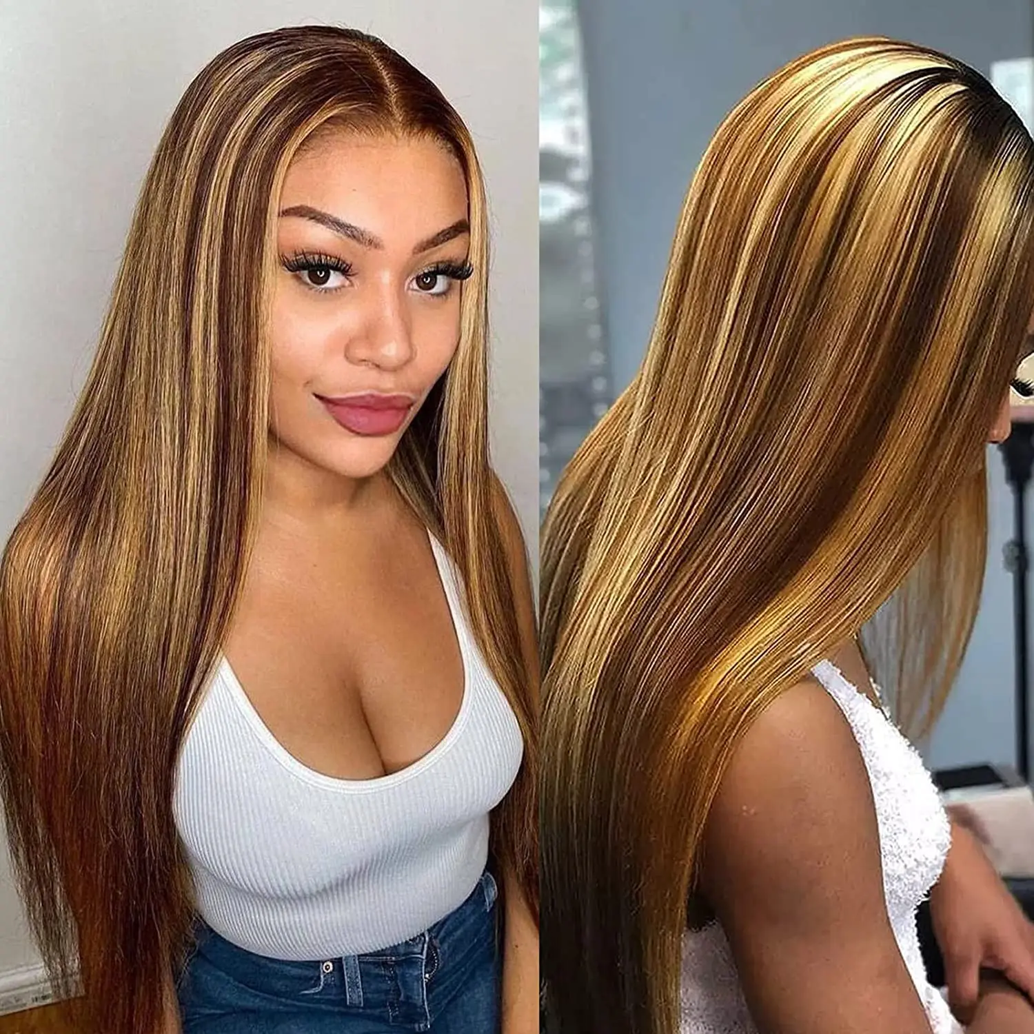 Straight Highlight Honey Brown Lace Front Human Hair Wigs 13x4 4x4 Closure30 Inch Remy Ombre Colored Lace Frontal Wig For Women