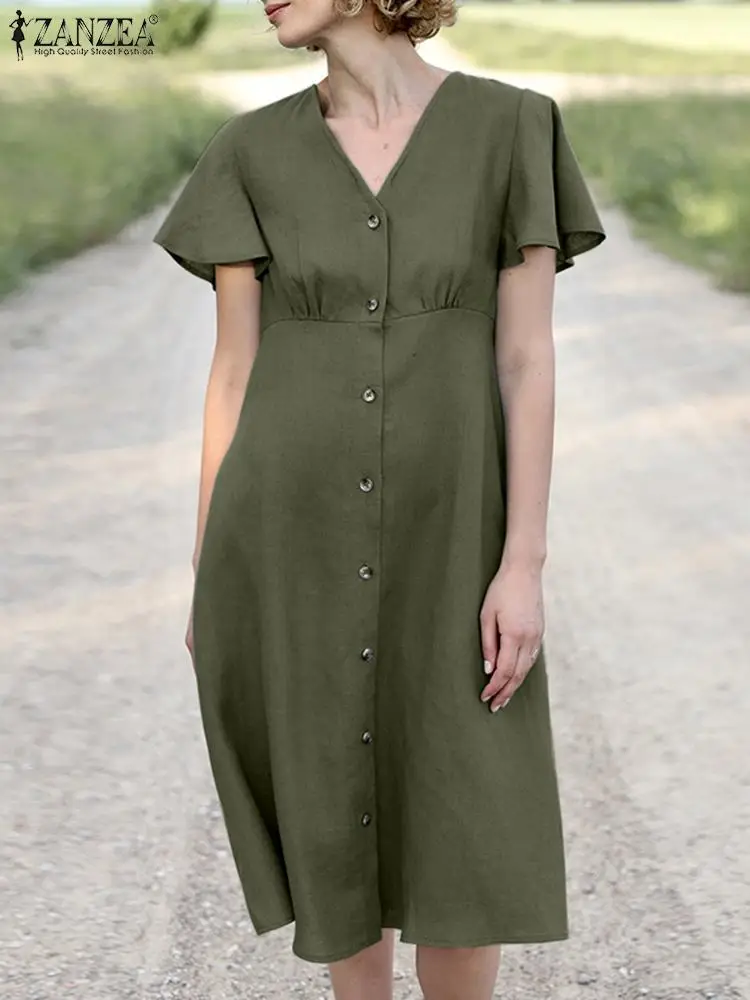 

ZANZEA Summer Women Solid Color Dress Short Sleeve V-Neck Side Button Sundress Vintage Elegant Casual Loose Work OL Dresses