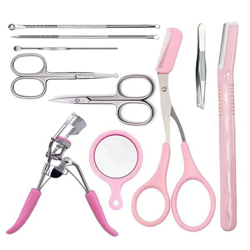 

Eyebrow Grooming Kit Portable Curling Shaving Scissor Set Shapers Tweezer Eyebrow Grooming Kit(10PCS)