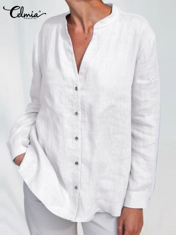 

Celmia Casual Buttons Up Long Tunic Tops Women's Office Long Sleeve Plain White Blouses Elegant Everyday V-neck Cotton Shirts