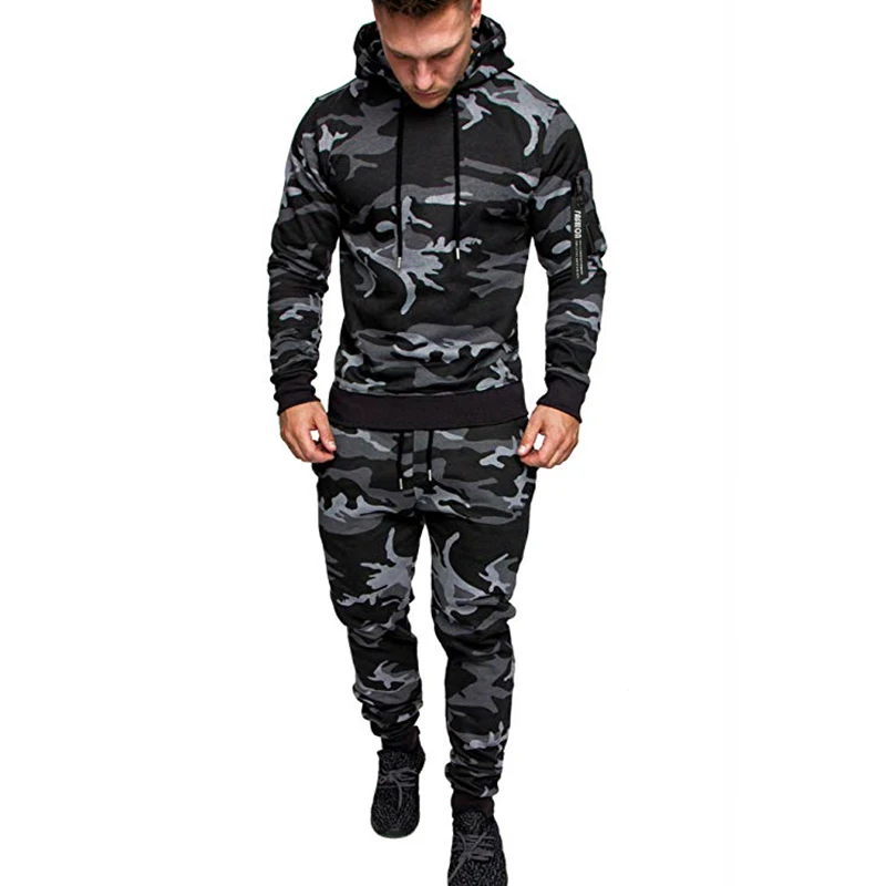 Men Sport Hooded Sweatshirt 2 Pieces Sets Spring Autumn Camouflage Print Street Style Sportswear Male