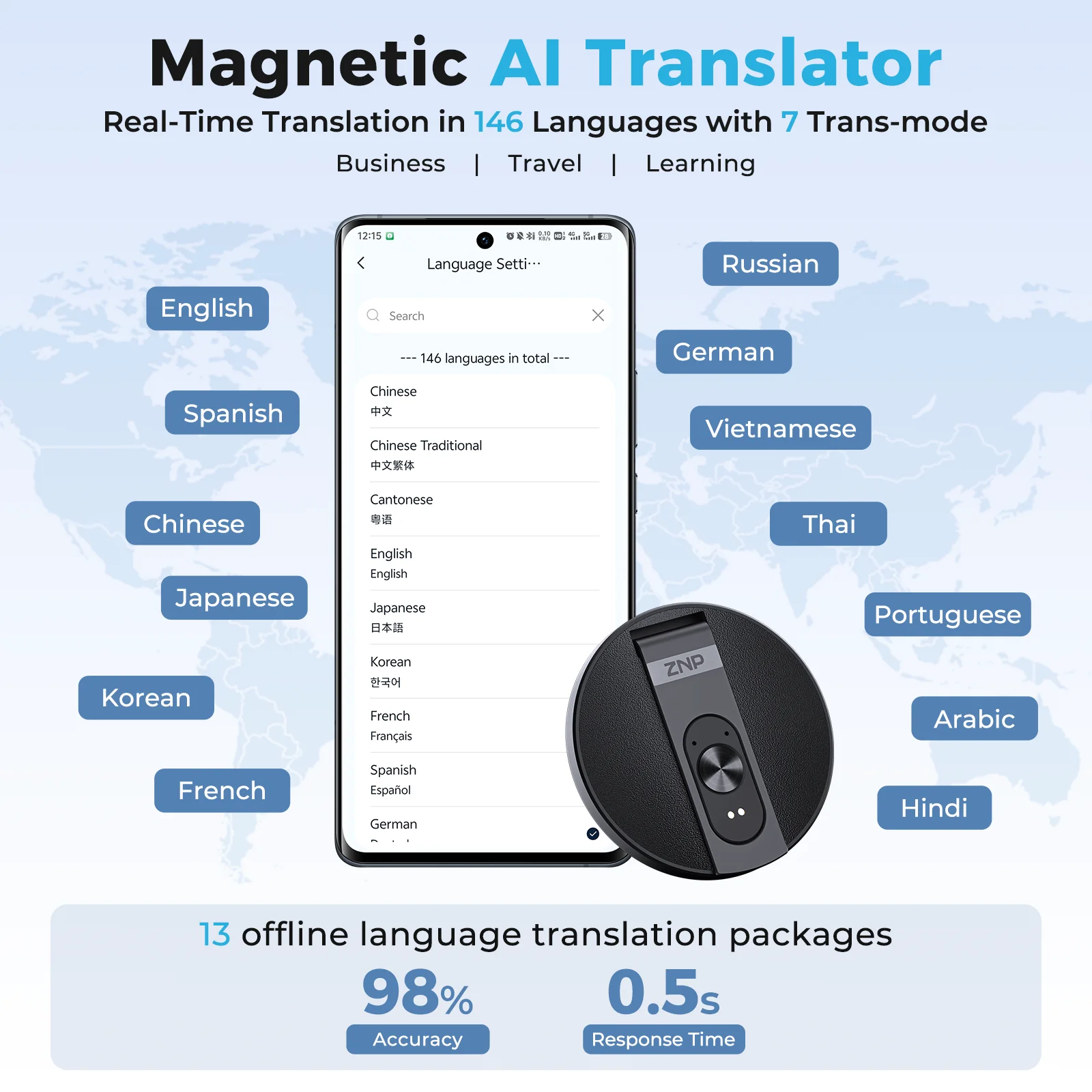 Магнитный ультратонкий AI-голосовой переводчик ZNP с Bluetooth, портативная складная подставка для телефона, 50 часов воспроизведения, поддержка офлайн-режима (art.: 3920d97cb1804) - 3920d97cb1804