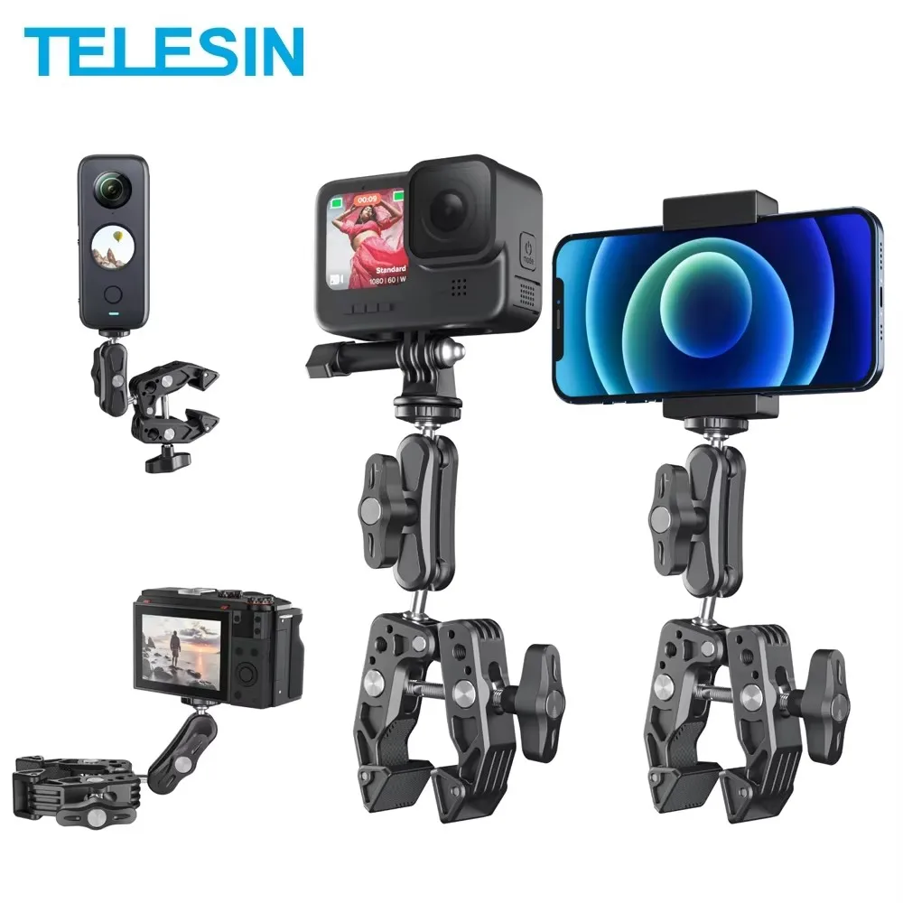 TELESIN Алюминиевый суперзажим с двойным 360° ° Шаровая головка Magic Arm для GoPro 13 12 11 Insta360