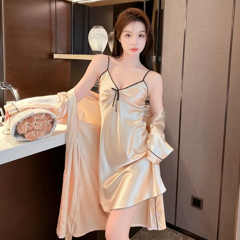 

2022 Autumn 2PCS Silk Satin Sexy Lingerie Nightgowns Robes Sets for Women Korean Cute Bathrobe Sleepwear Nightdress Night Dress