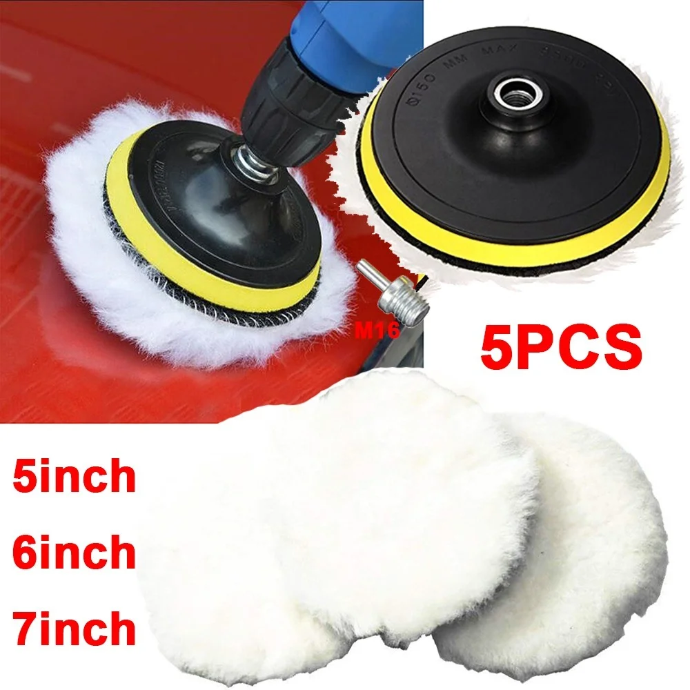 5 6 7inch Drill Woolen Pad Car Polishing Waxing Wheel Disc Wool Buffer Pad with M16 Drill Adapter Car Wash Clean Attachments