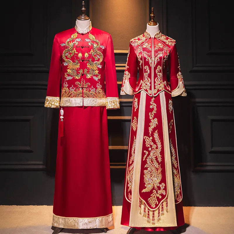 

Свадебное платье Qipao для жениха и невесты с вышивкой в виде дракона и феникса