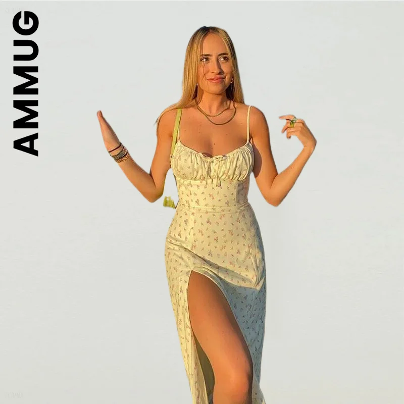 

Ammug Fashion Dress Women Small Floral Side Slit Sexy Sling Dress Popular Slim Vestidos Women Clothing Female