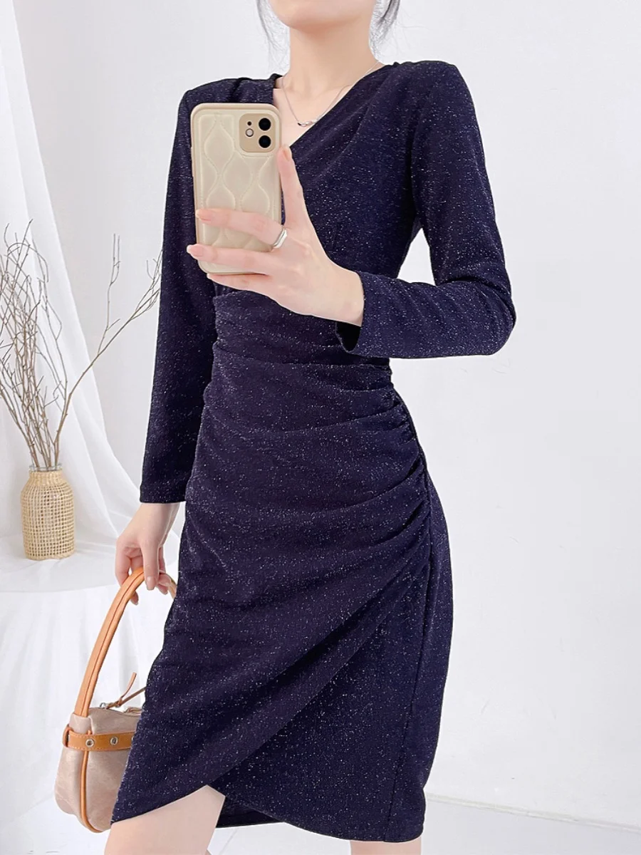 Новое поступление ранней осени тонкое платье 2025 года стильное темно-синее