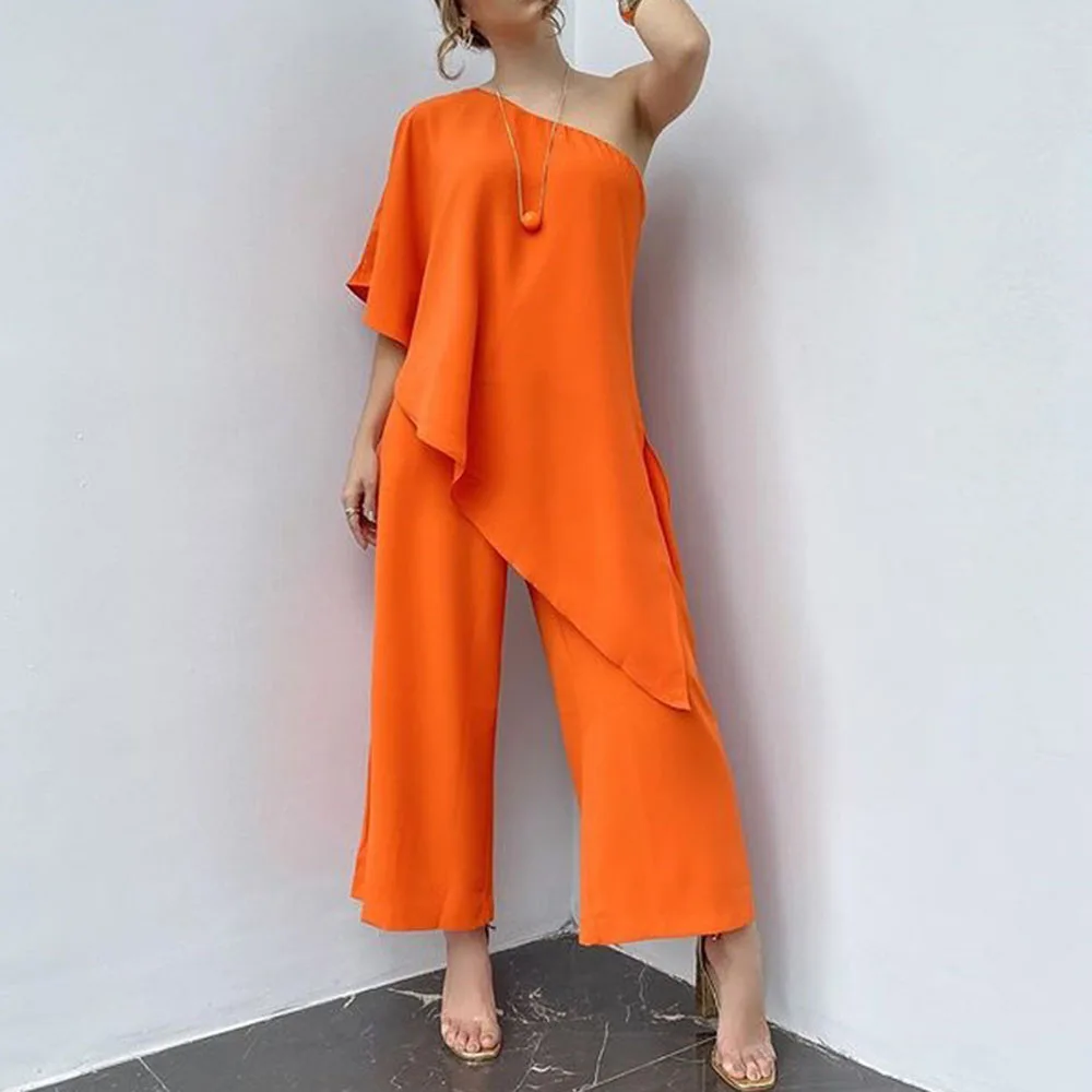 

Summer Women's Jumpsuit Sexy Sloping Shoulder Jumpsuit Loose Solid Color Women Chiffon Jumpsuit Yellow Jumpsuit 2022