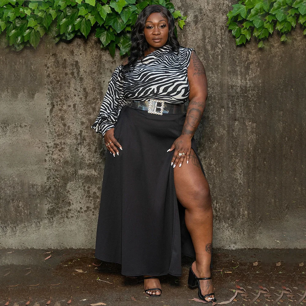 

Plus Size Set Women One Shoulder Sleeve Top Zebra Print and Sexy High Split Half Skirt Two Piece Set 2022 New Fashion Outfit
