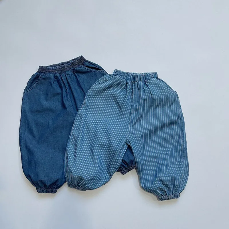 

Детские джинсовые брюки-фонарики, Свободные повседневные полосатые брюки для девочек, универсальные спортивные брюки для маленьких мальчи...