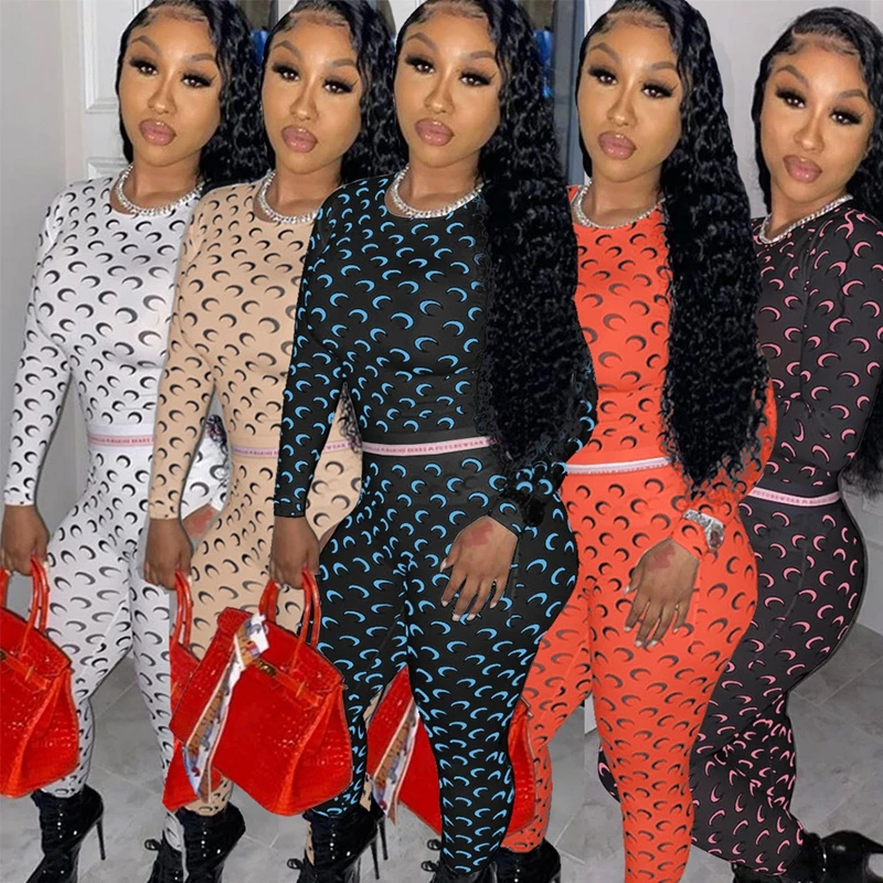 

ZKYZWX Two Piece Set Women Long Sleeve Crop Top and Pants Bodycon Streetwear Cute Pattern Print Sets Womens Outfits Matching Set