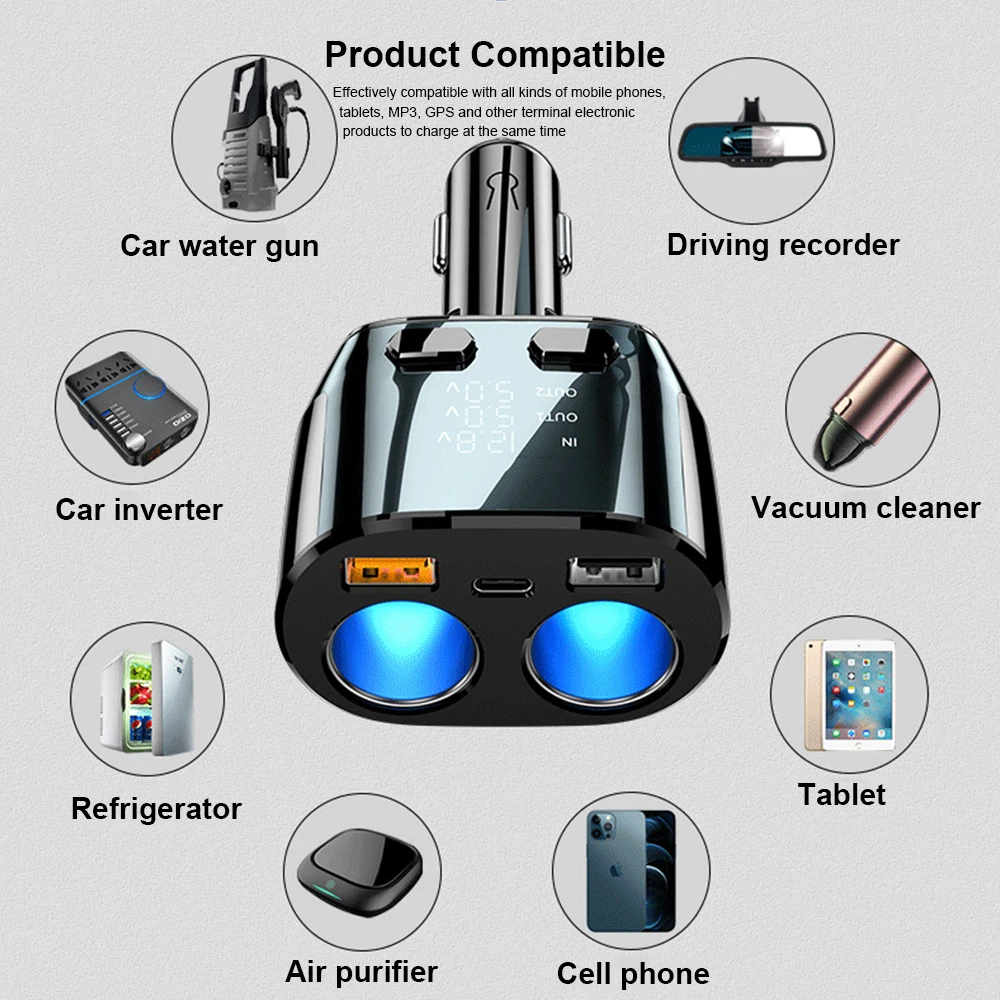 Car Charger 155W Cigarette Socket 90W LED Display Type-C PD20W Quick Charge USB 66W Super Fast Charge For IPhone Samsung Xiaomi