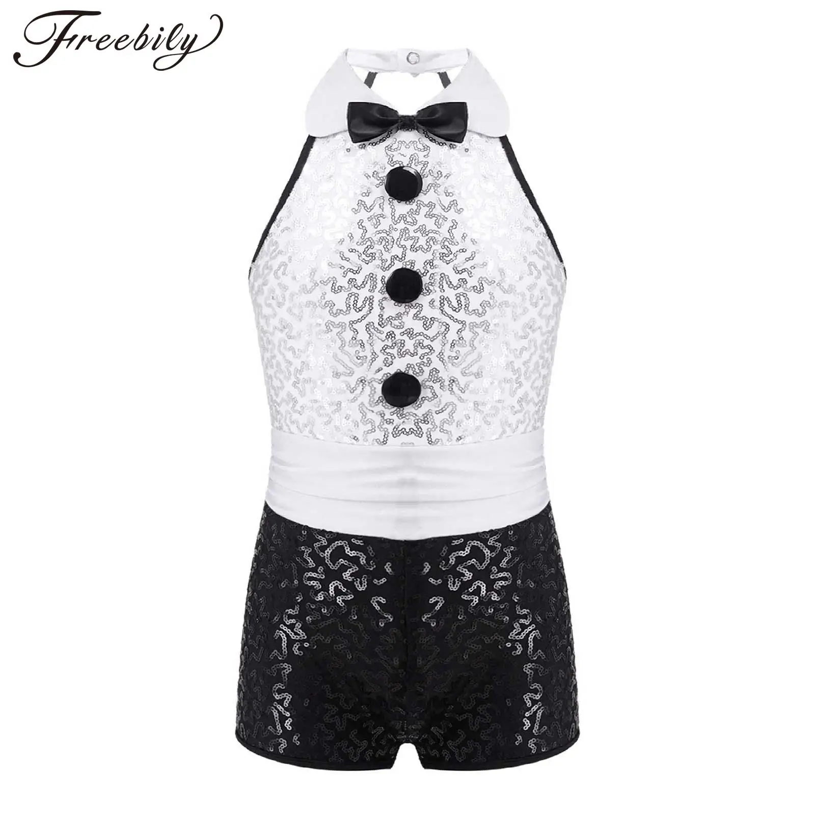 

Kids Girls Circus Ringmaster Bodysuit Halter Sleeveless Sequin Leotard Halloween Cosplay Theme Party Dance Performance Costume