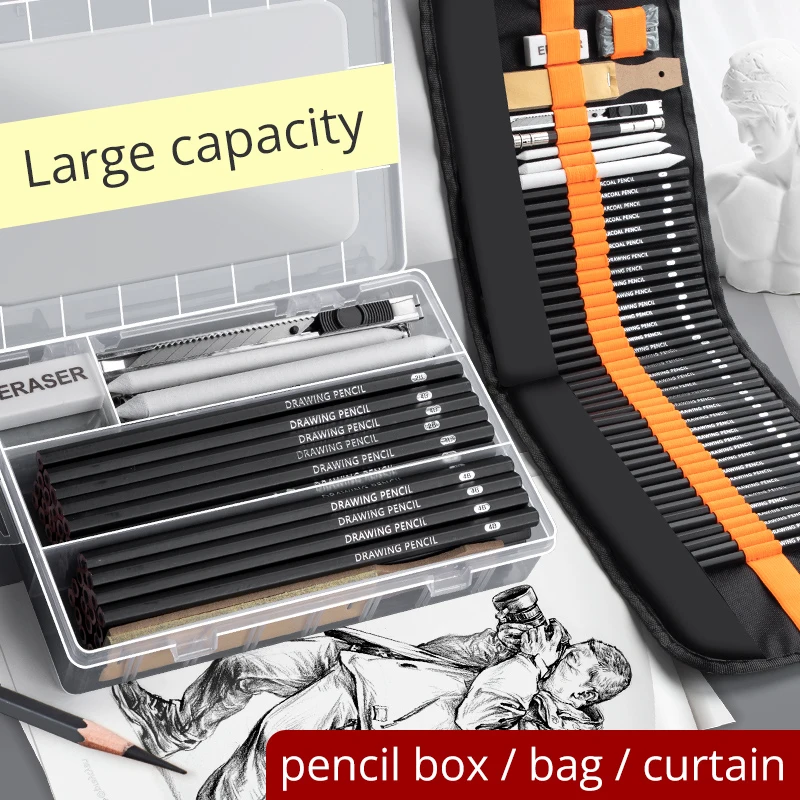 27/38/47pcs Sketch Pencils Set Sketching Kit Roll Up Canvas Wrap Bag Drawing Art Supplies Charcoals Kneaded Eraser Pencil Case