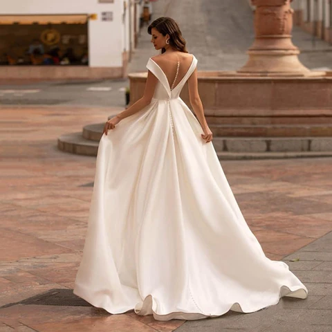 Wedding Dresses Sexy Off Shoulder Button Back Bridal Gowns Custom Made Lace Satin Beach Civil For Women Robe De Mariee Summer