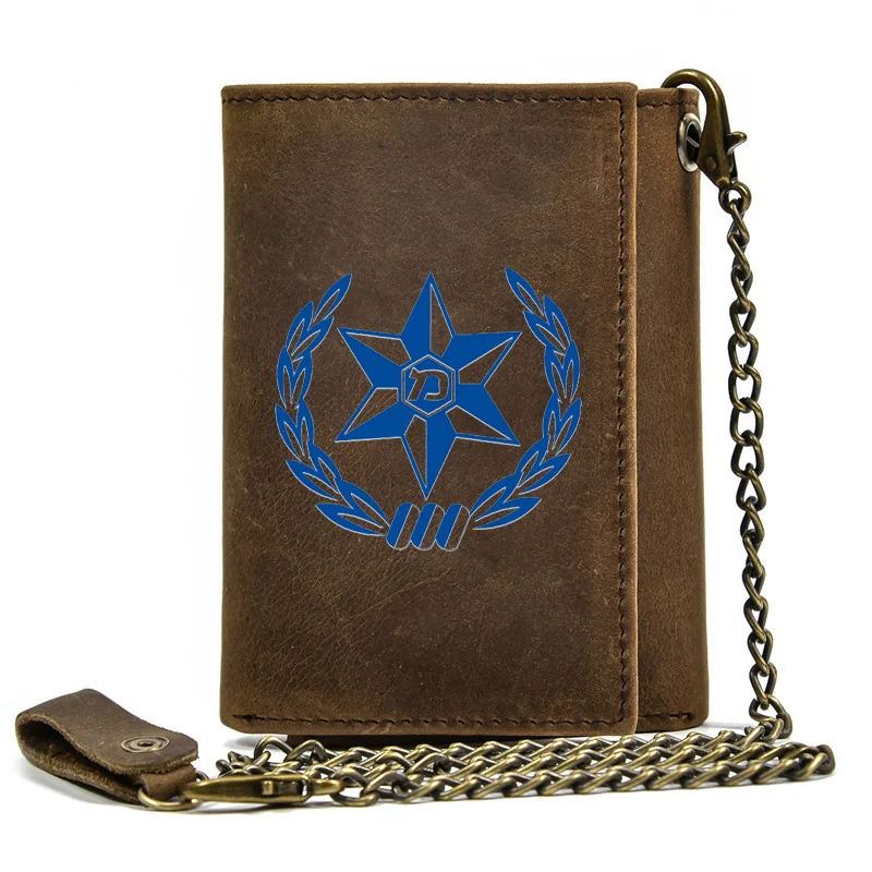 

High Quality Men Genuine Leather Wallet Anti Theft Hasp With Iron Chain משטרה ישראלית Cover Card Holder Rfid Short Purse