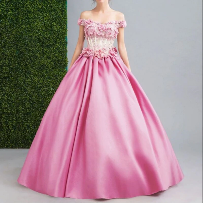 

Ashely Alsa Elegant Dark Pink Prom Party Dresses Off Shoulder 3D Floral Bow Satin Long Women Occasion Formal Gown Quinceanera