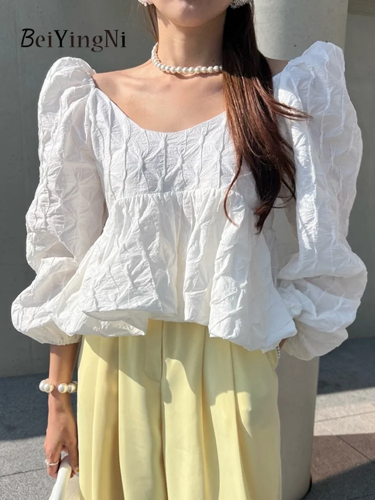 

pring ummer White Puff leeve Blua Women Fluffy Korean weet Female hirt Caual Looe lah Neck Bloue Top