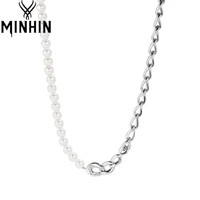 minhin pearl cuban chain necklaces for women silver color stainless steel patchwork round link choker fashion jewelry party gift