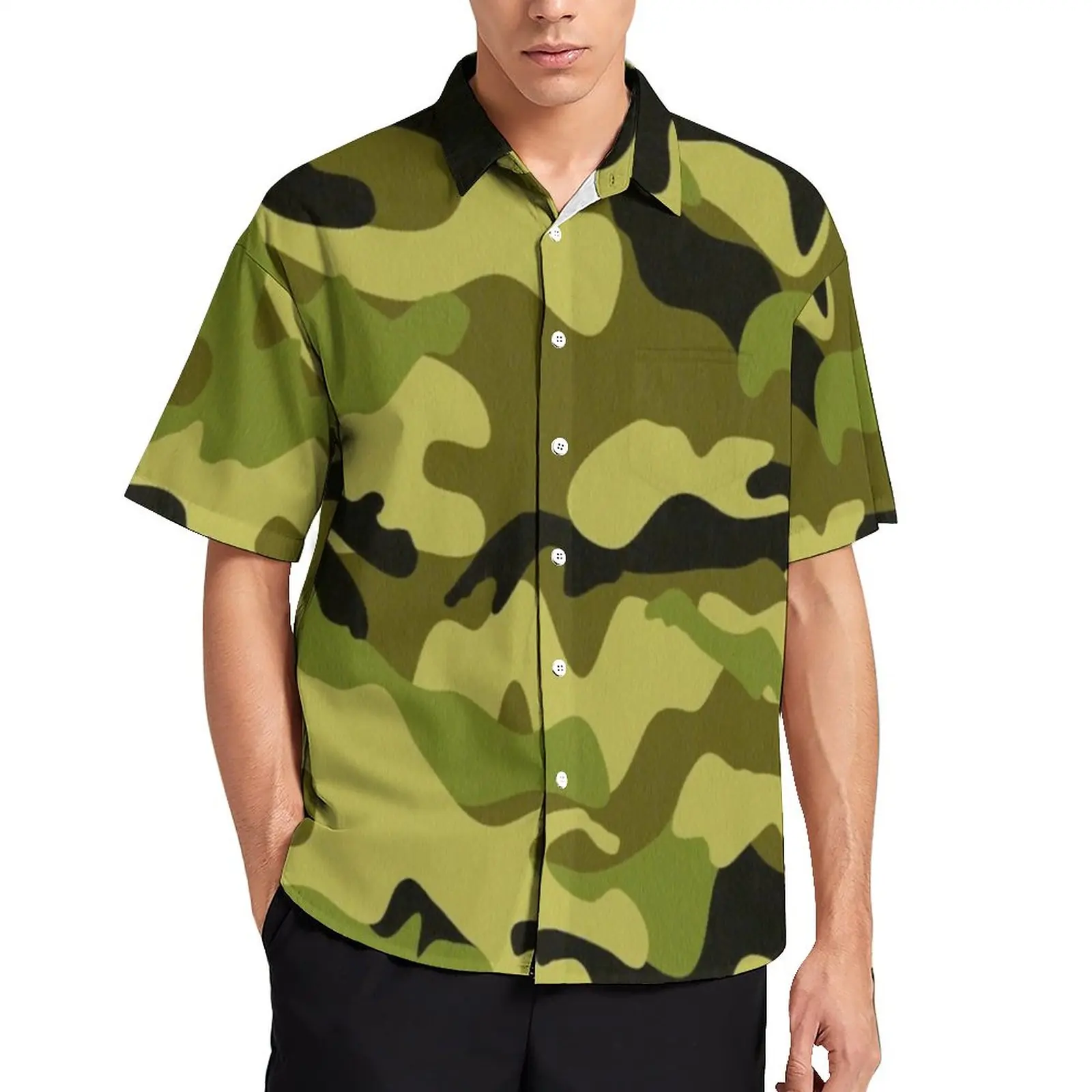

Camouflage Loose Shirt Male Beach Green and Black Print Casual Shirts Hawaii Design Short-Sleeved Aesthetic Oversized Blouses