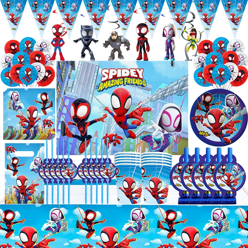 

Spidey And His Amazing Friends Party Decoration Supplies Paper Plate Tablecloth Spiderman Theme Baby Shower Balloons Kids Favors
