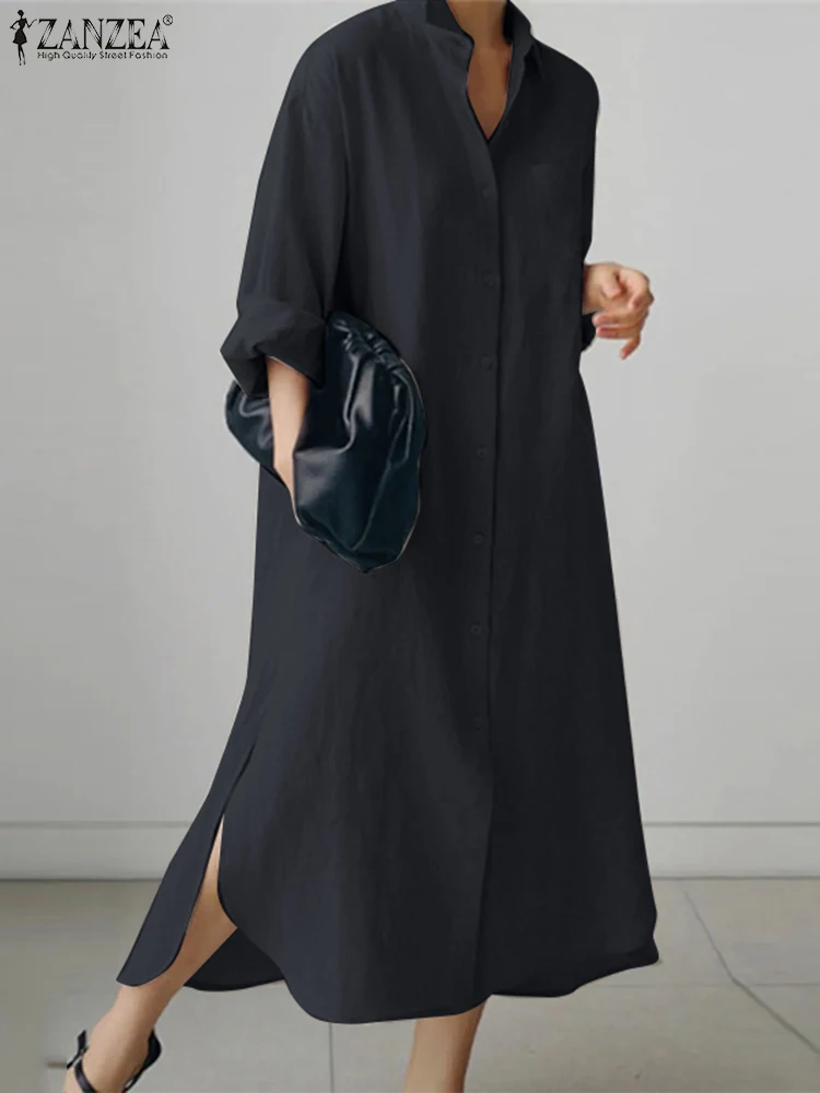 

Платье ZANZEA женское с длинным рукавом, однотонное модное свободное Макси-платье с воротником с отворотом, на пуговицах, винтажная одежда