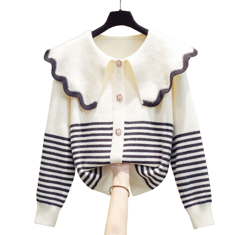 Doll Collar Knit cardigan Women 2023 Spring and Autumn New Korean Sle Loose Outer Wear Top Thickened Striped sweater Outerwear