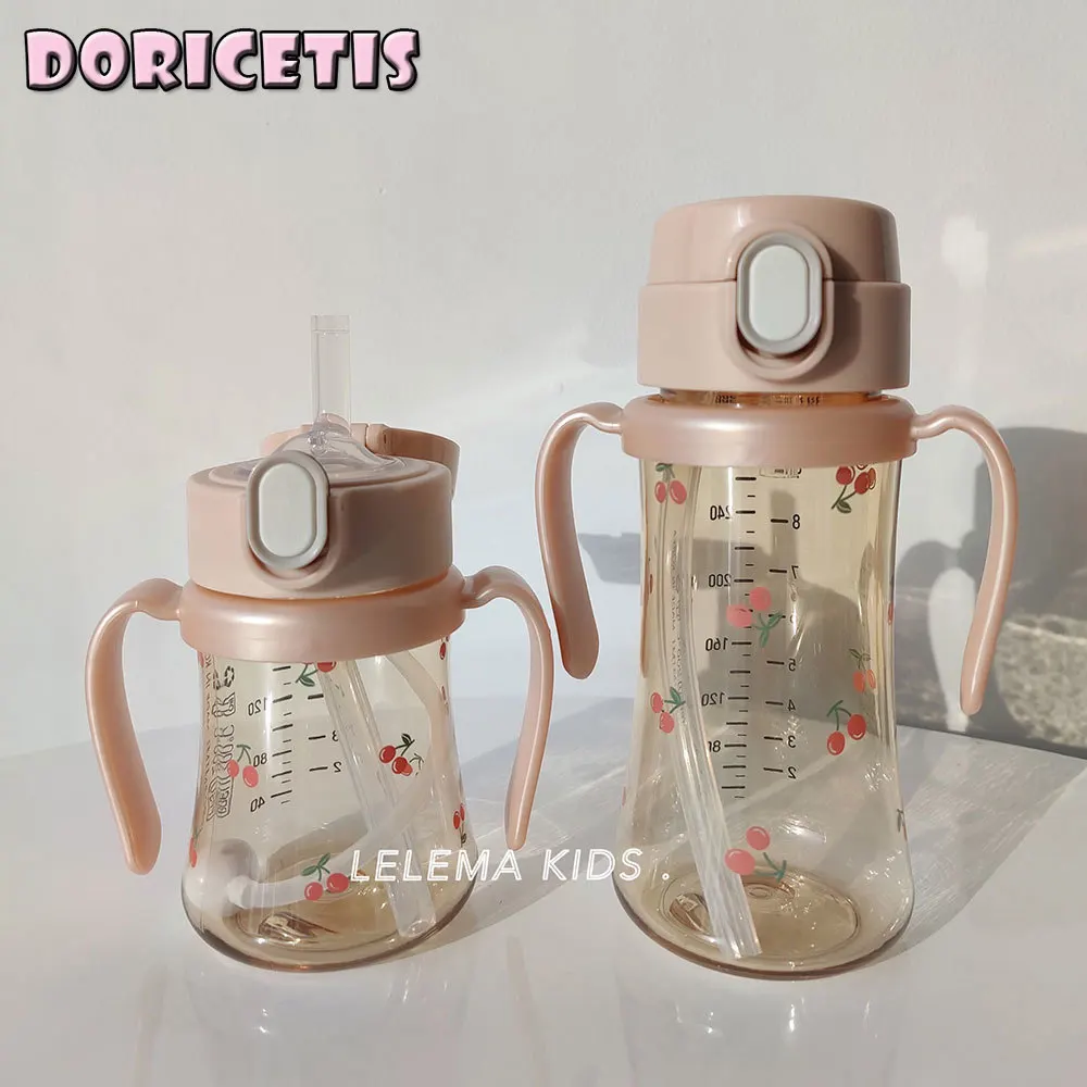 

Baby Milk Bottle Pink Cherry Pattern Straw Cup Newborn Feeding Water Cups Anti-Choke With Handle Drinking Bottle Kids Kettle New