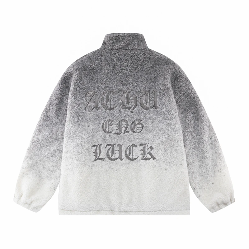 

High Street Lamb Wool Gradient Color Letter Embroidery Thick Winter Coat Unisex Stand Retro Windbreaker Loose Men's Jacket