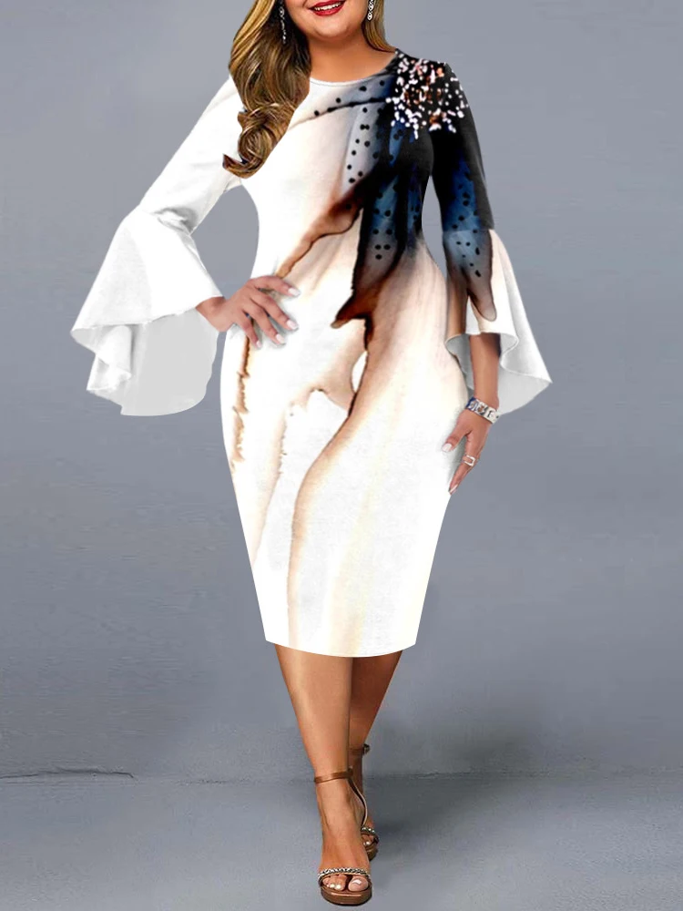 

2022 Women Summer Flare Sleeve Floral Print Slim Bodycon Pencil Dress Midi Ladies Work Wear Office Dresses Plus Size