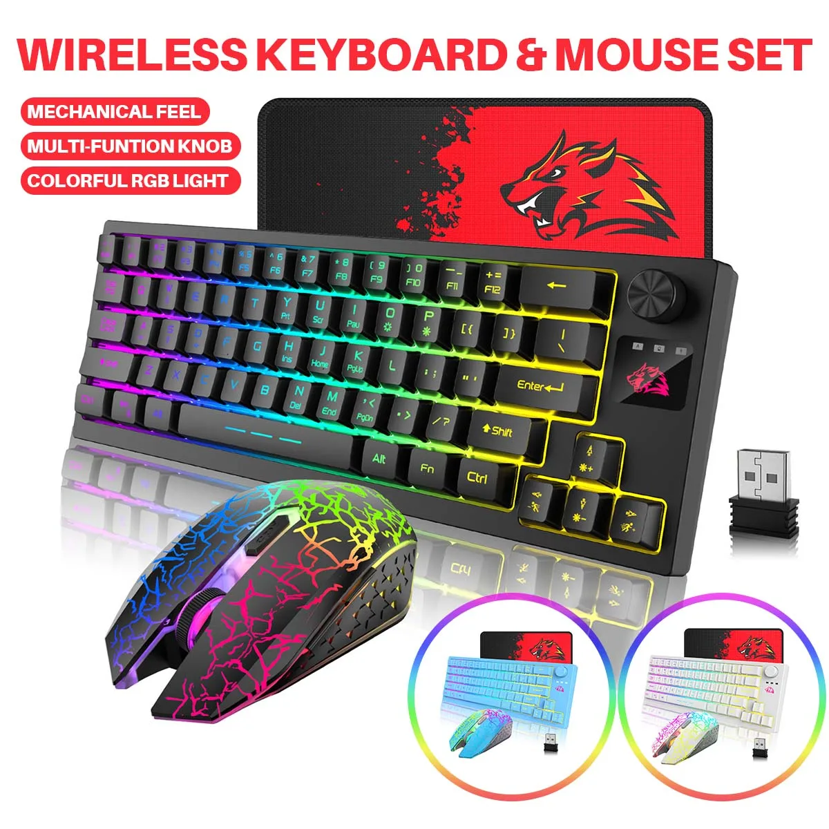 

3-in-1 T50 RGB Gaming Keyboard Mouse Set Mechanical Feel Game Wireless 60% Keyboards 2400DPI Mice Keyboard Combos for PC Gamer