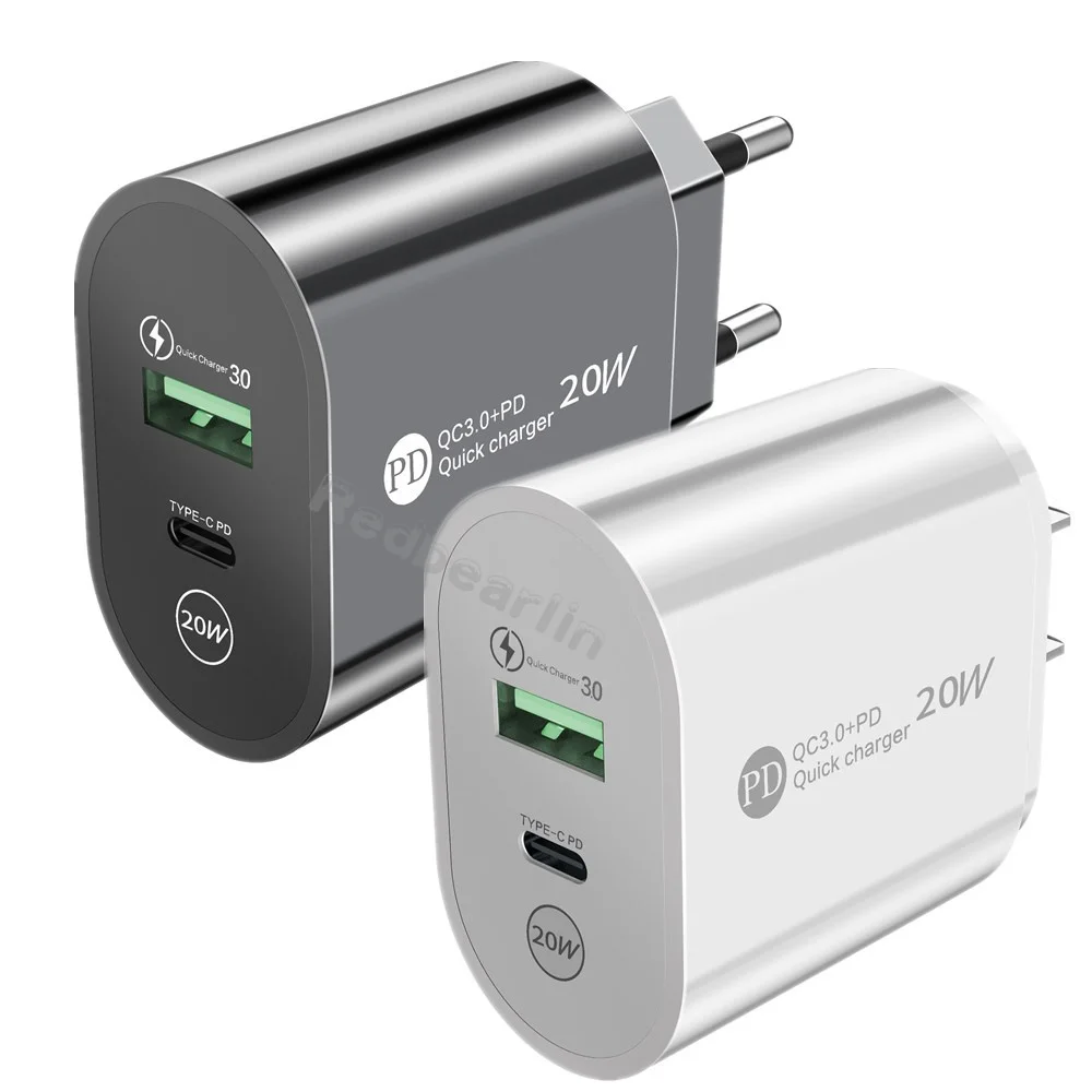 

100pcs/lot 12W 2.4A Dual Ports A+C USB C PD Wall Charger Power adapters For IPhone 12 13 14 15 Pro max Samsung S22 S23 Note 20