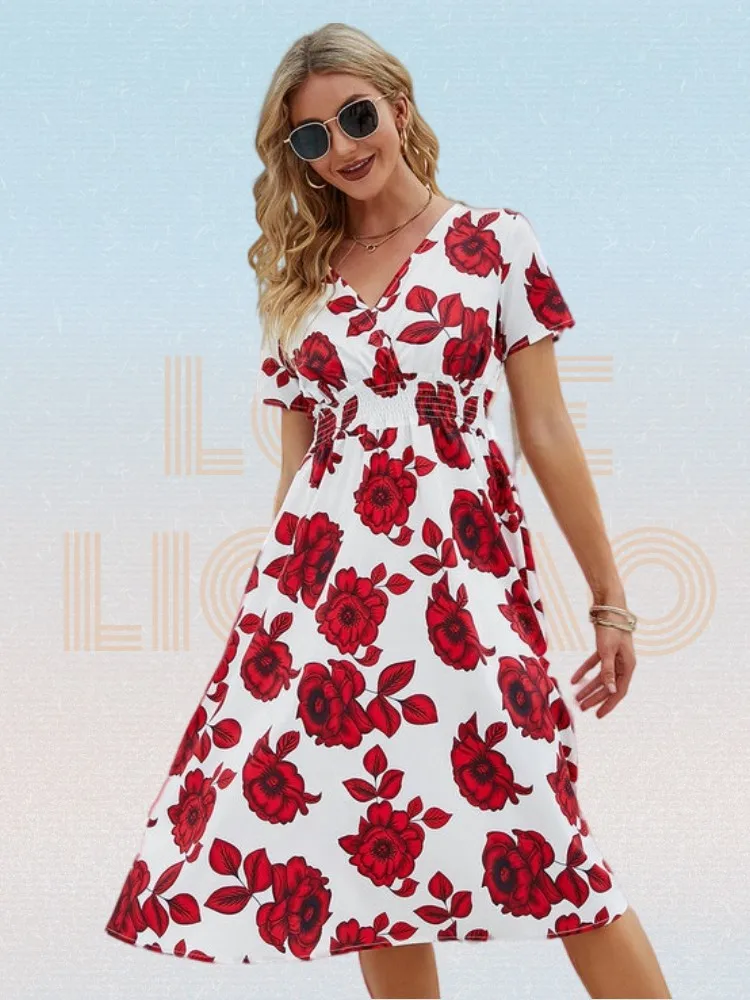 

Fashion Printing Short-sleeved V-neck Sundress Summer 2022 Elastic Waist Casual Midi Dress Women A-line Chiffon Dress Robes