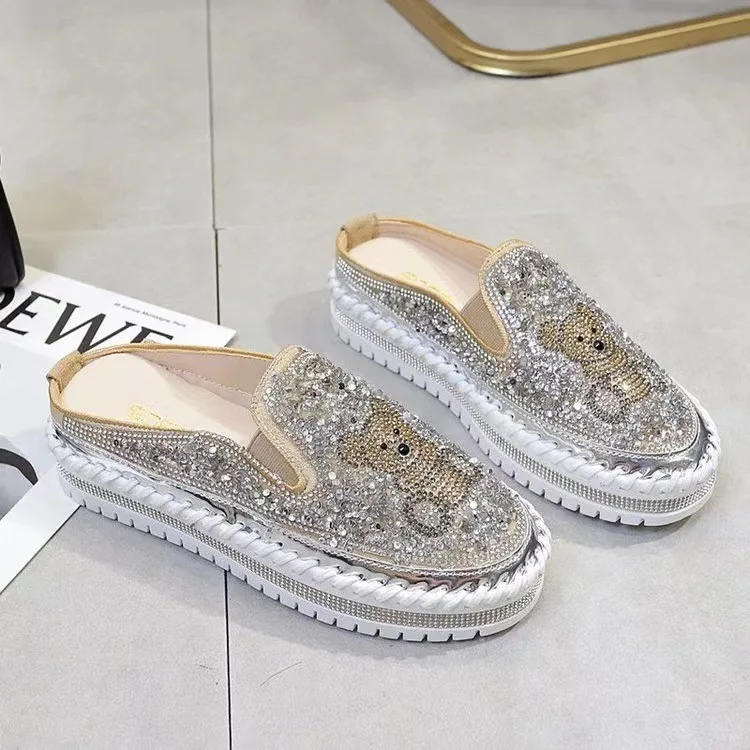 

Шлепанцы женские на низком каблуке, блестящие сандалии, плоская подошва, круглый носок, однотонная летняя обувь, бежевые, 2023