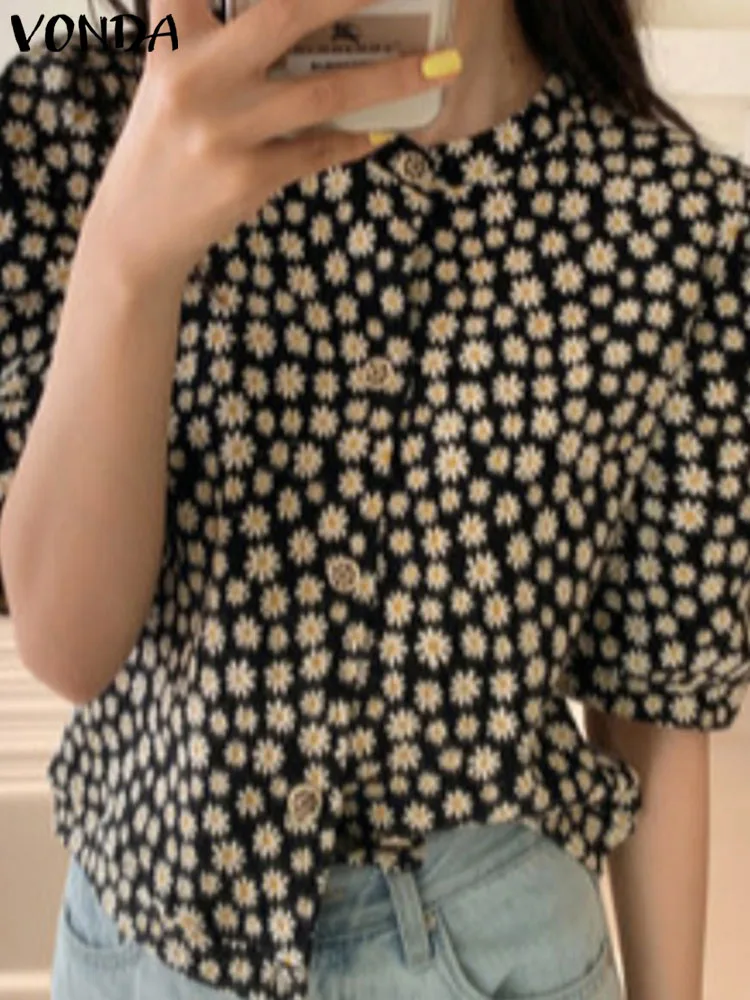 

VONDA Women Summer Floral Printed Tops 2023 Vintage Puff Half Sleeve Blouse Casual Shirts Button Bluasas Oversized Femininas