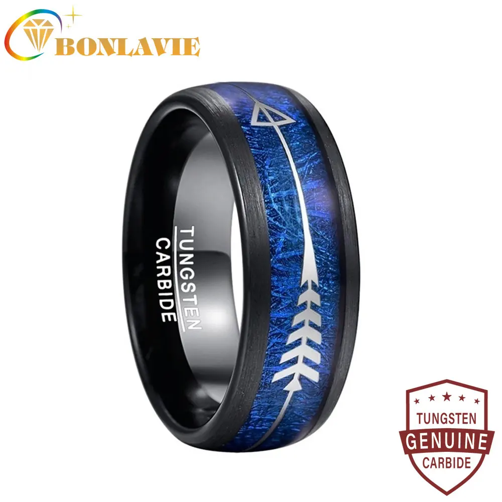 

BONLAVIE 8MM Arrow-Shaped Tungsten Carbide Ring Inlaid Blue Imitation Meteorite Wedding Bands Black Dome Rings Men Jewelry