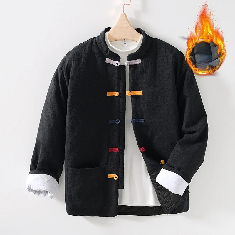 

Пальто мужское хлопково-льняное на пуговицах с воротником-стойкой