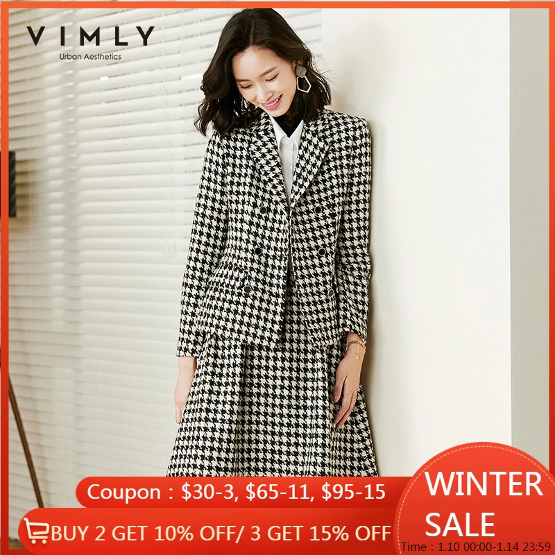 

Vimly Women's Houndstooth Clothing Set Winter Fashion Double Breasted Blazers High Waist Skirt Office Lady Outfits F3617
