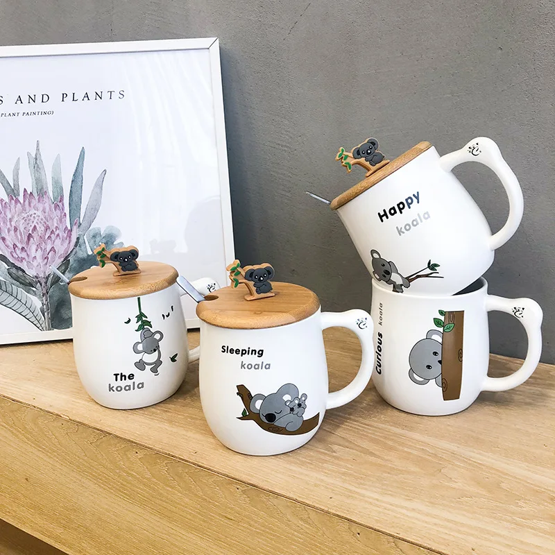 

Cartoon Animal Wooden Lid Koala Ceramic Cup Creative Mug Couple Mug Water CupMen and Women Students Cute Coffee Mugs and Cups