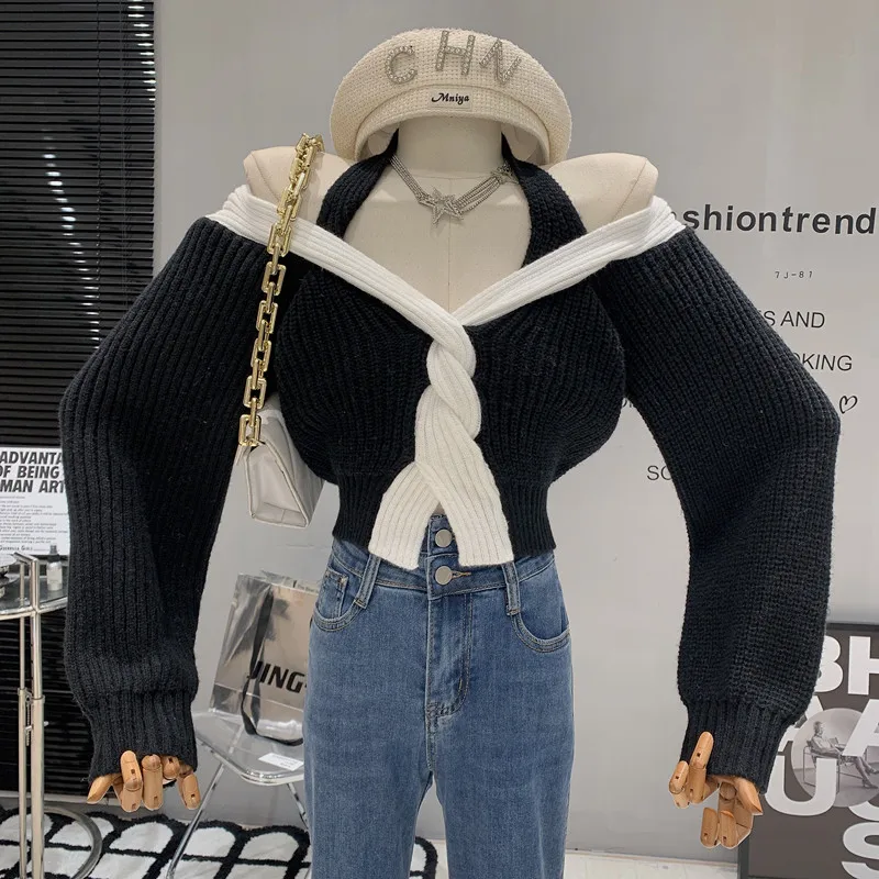 

Новинка, женская одежда, осень-зима 2022, дизайнерский свитер с длинным рукавом и лямкой на шее, короткая вязаная рубашка, Топ