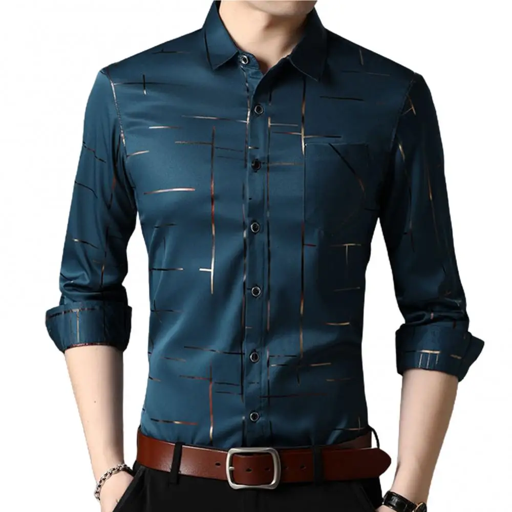 

Men Long Sleeve Turn Down Collar Stripes Single-breasted Business Shirt Top