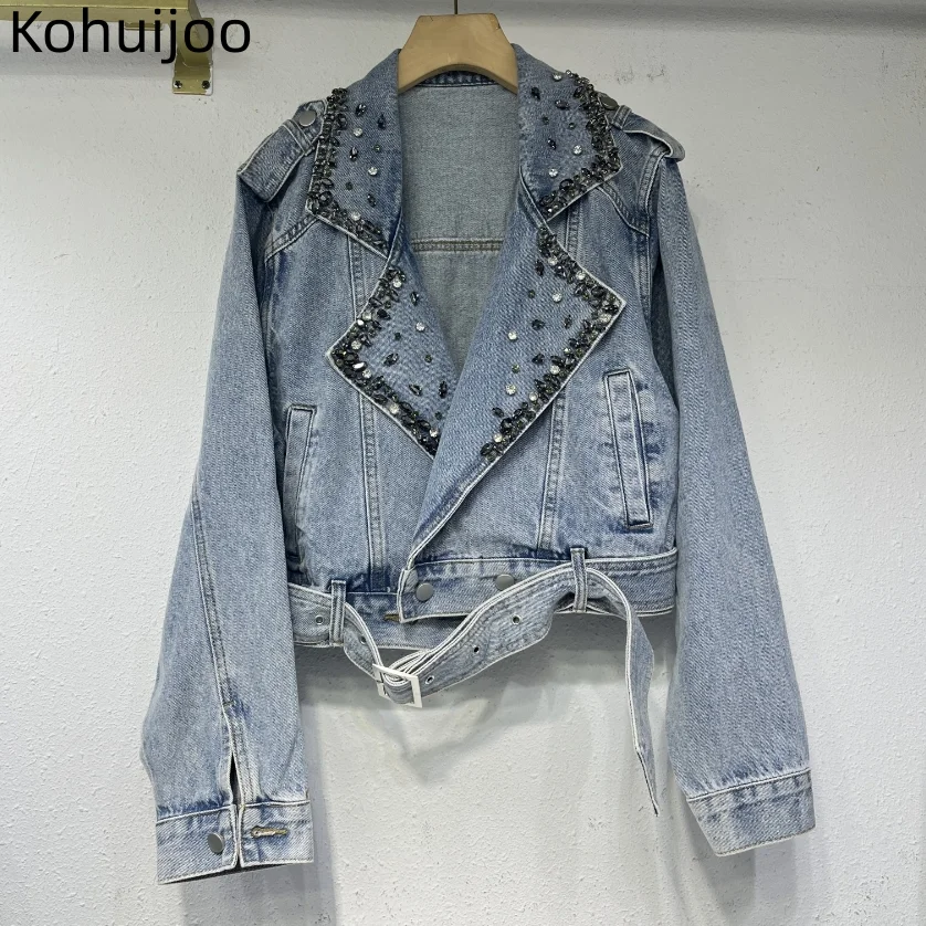 

Kohuijoo 2023 Осенняя Новая Дизайнерская куртка для женщин Бриллиантовая с высокой талией тонкая мотоциклетная куртка с бисером модное пальто с поясом