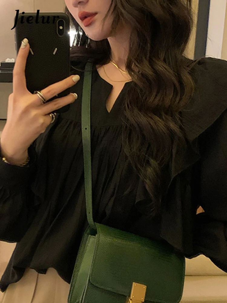 Jielur летний белый рукав фонаря женщины блузки французский стиль Ruffles Solid Color