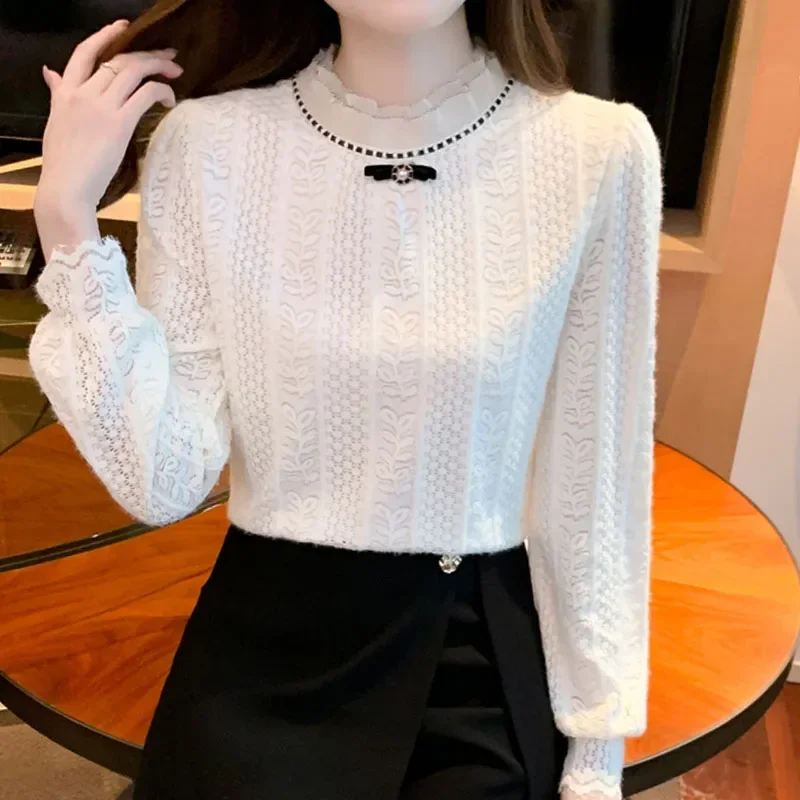 Модная кружевная женская блузка с рюшами и бантом длинным рукавом рубашка