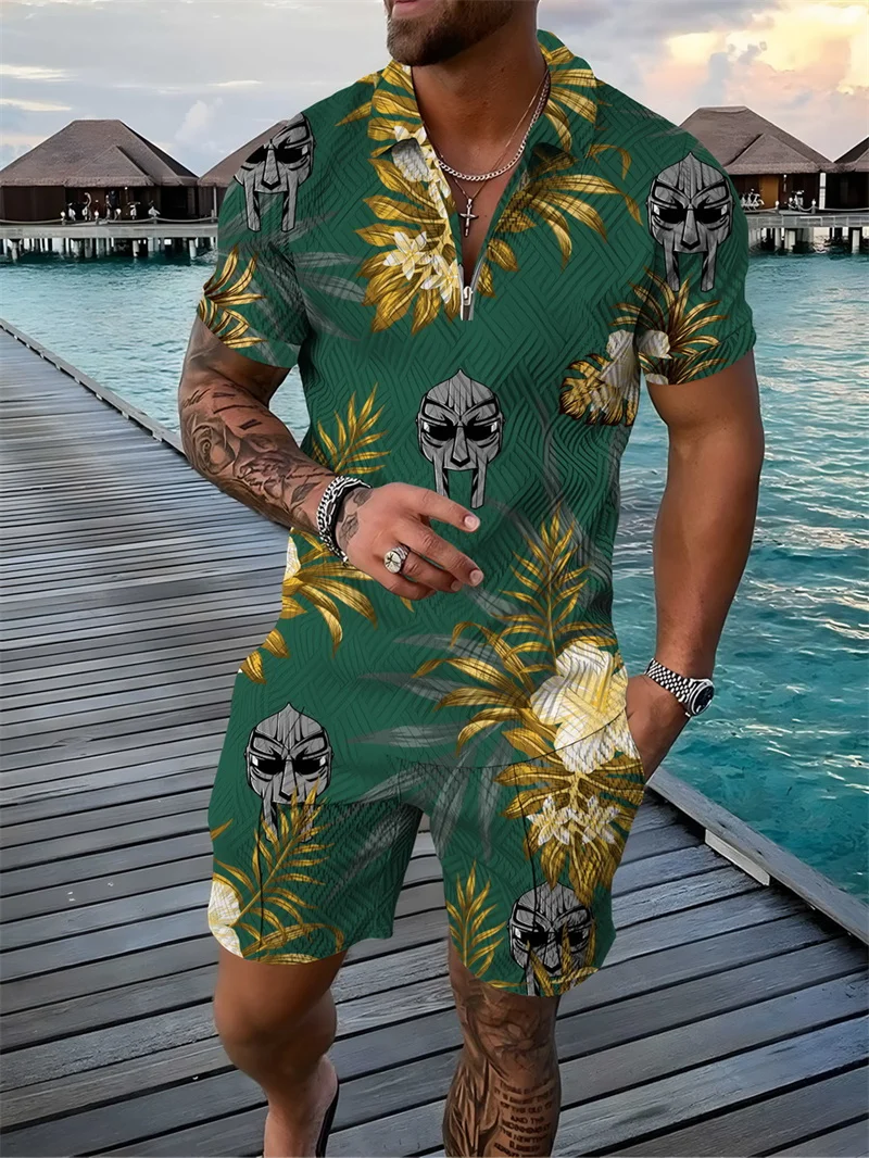 Men's Tracksuit 2 Piece Set Hawaiian Style Print 3D Polo Shirt T Shirt and Shorts Casual Man Clothing Zip-Up Polo Shirt